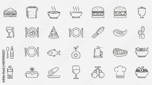 Collection of Food and Drink Icons in Outline Style.