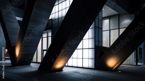 A dramatic structure rises with angular black steel beams intersecting glowing white glass blocks Shadows enhance geometric sharpness