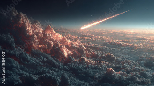 A celestial scene with a meteor streaking through the sky above clouds.