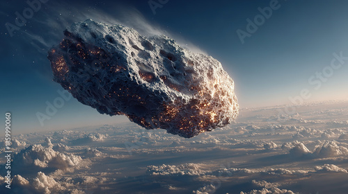 An asteroid moving through Earth's atmosphere, creating a fiery trail.