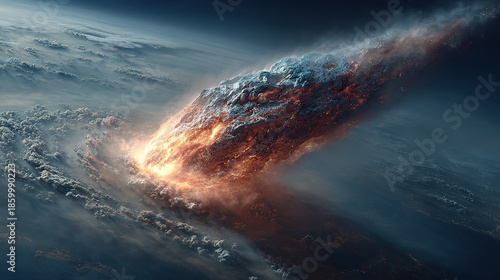 Massive meteor crashing through Earth's atmosphere, fiery explosion in space.