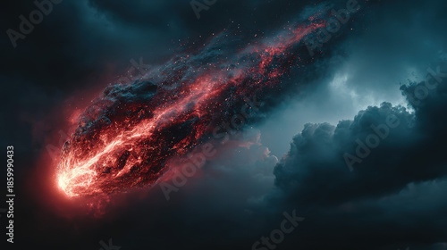 A fiery cosmic object or celestial phenomenon in a dark, cloudy sky.