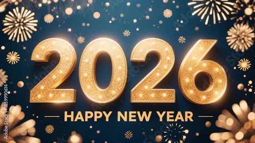 2026  Happy New Year winter greeting card illustration with Christmas decorations and snow