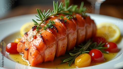 Juicy Grilled Lobster Tail with Butter Sauce and Fresh Herbs in Elegant Restaurant Food Presentation