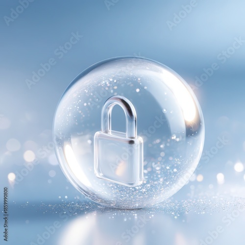 Secure Enclosure: An elegant glass sphere encloses a solitary lock, symbolizing the concept of data security and protection within a digital environment, rendered with a sophisticated.