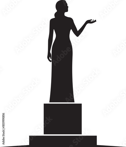Silhouette of a woman statue on a pedestal against a white background