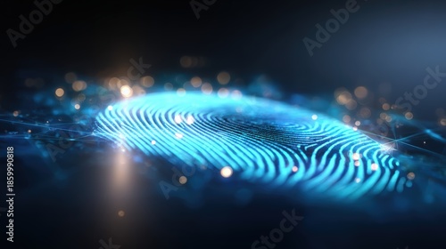 Cyber Security Fingerprint: An illuminated digital fingerprint glows against a dark background, representing secure identification and advanced protection.