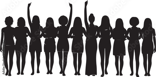 Diverse group of women standing together with arms raised in celebration