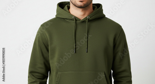 Man wearing stylish green hoodie with drawstrings and pocket
