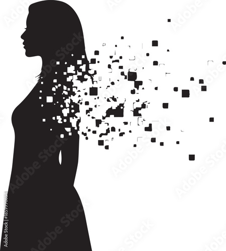 Silhouette of a woman dissolving into digital pixels on a white background