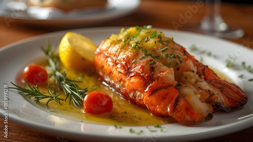 Juicy Grilled Lobster Tail with Butter Sauce and Fresh Herbs in Elegant Restaurant Food Presentation