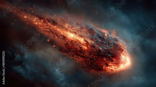 A fiery asteroid or comet traveling through space with glowing effects.