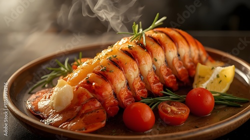 Juicy Grilled Lobster Tail with Butter Sauce and Fresh Herbs in Elegant Restaurant Food Presentation