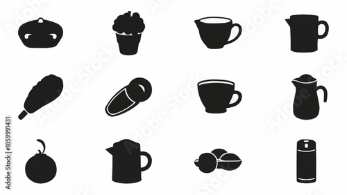 Collection of kitchen and food related icons in silhouette.