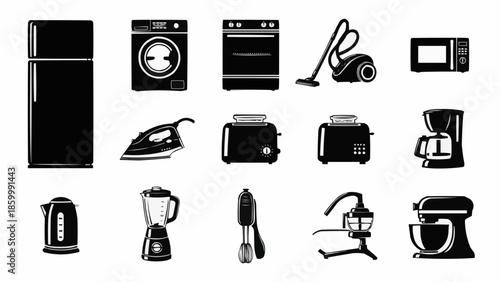 Collection of Kitchen Appliances and Household Electronics Icons.