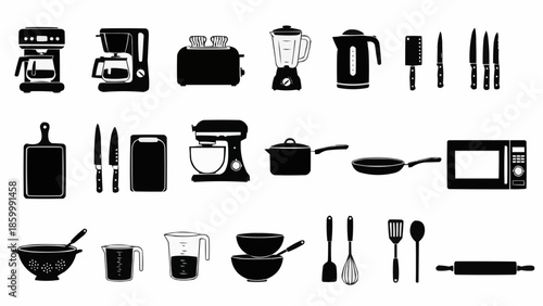 Collection of kitchen appliances and utensils in silhouette.
