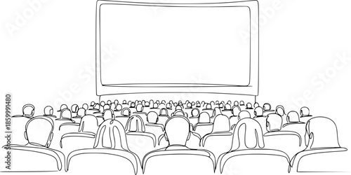 eople sit cinema hall back rear view looking at screen continuous one line drawing. Hand drawn audience cinema, theatre vector silhouette. Crowd of people in the auditorium contour illustration