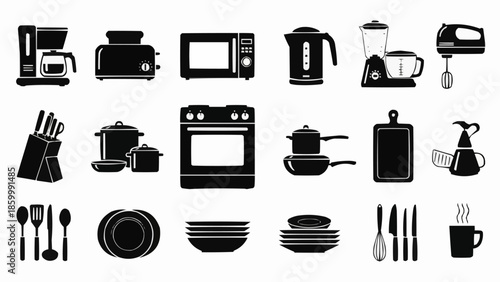 Collection of kitchen appliances and utensils in silhouette.