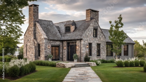 A farmhouse exterior clad gray stone with rustic chimney Neatly aligned path leads toward the entrance adding symmetry