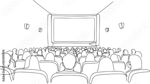 eople sit cinema hall back rear view looking at screen continuous one line drawing. Hand drawn audience cinema, theatre vector silhouette. Crowd of people in the auditorium contour illustration