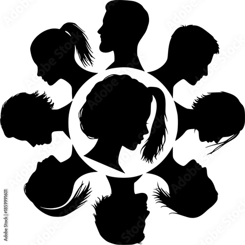 Black Silhouette Diverse Head Profiles in a Unity Circle, Community Inclusion Icon Isolated

