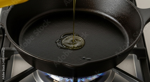 Golden oil poured into a hot cast iron skillet on a gas stove