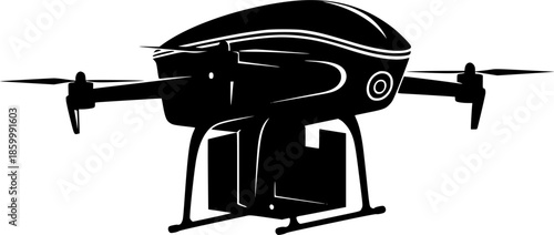 Black Silhouette Futuristic Delivery Drone with Package, Autonomous Tech Logistics Icon Isolated
