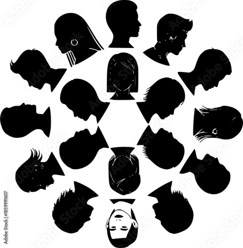 Black Silhouette Diverse Head Profiles in a Unity Circle, Community Inclusion Icon Isolated
