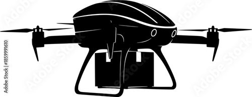 Black Silhouette Futuristic Delivery Drone with Package, Autonomous Tech Logistics Icon Isolated
