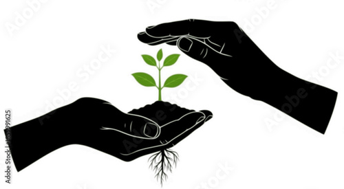 Black Silhouette Hands Holding Sprouting Plant with Roots, Eco Sustainability Icon Isolated
