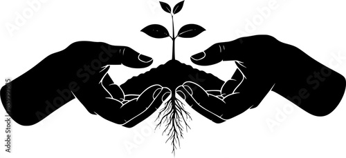 Black Silhouette Hands Holding Sprouting Plant with Roots, Eco Sustainability Icon Isolated
