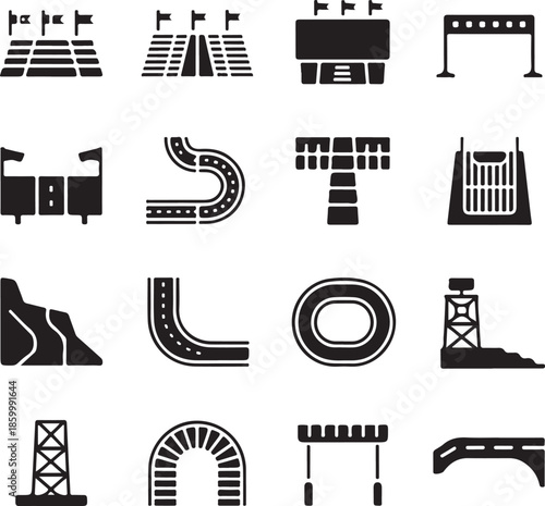 black and white icons of various race tracks and grandstands
