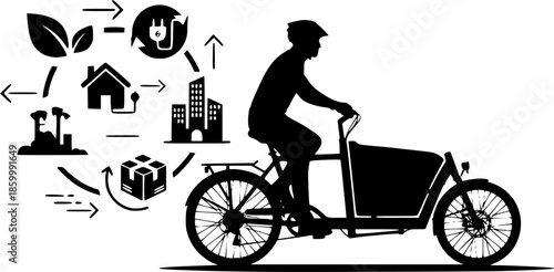 Electric Cargo Bike Delivery Silhouette - Sustainable Urban Logistics & Green Last-Mile Courier Vector Icon
