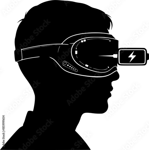 Sleep Tech & Tourism Silhouette - Person with Smart Eye Mask & Battery Recharging Icon Black Vector
