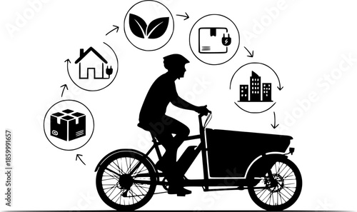 Electric Cargo Bike Delivery Silhouette - Sustainable Urban Logistics & Green Last-Mile Courier Vector Icon

