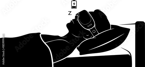 Sleep Tech & Tourism Silhouette - Person with Smart Eye Mask & Battery Recharging Icon Black Vector
