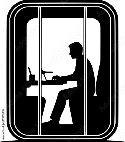 Acoustic Office Pod Silhouette - Person in Soundproof Work Booth Black Vector Icon for Deep Work & Privacy
