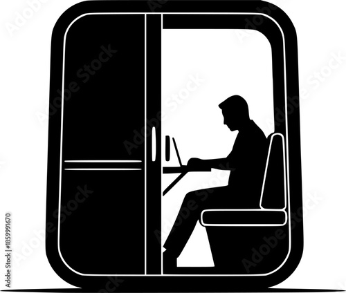 Acoustic Office Pod Silhouette - Person in Soundproof Work Booth Black Vector Icon for Deep Work & Privacy
