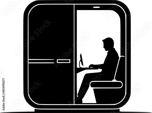 Acoustic Office Pod Silhouette - Person in Soundproof Work Booth Black Vector Icon for Deep Work & Privacy
