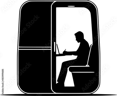 Acoustic Office Pod Silhouette - Person in Soundproof Work Booth Black Vector Icon for Deep Work & Privacy
