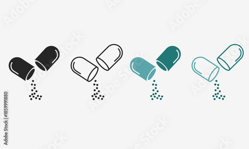 Medical capsule pill icon set representing medicine, healthcare, and pharmaceutical concepts.