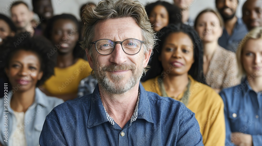 Fototapeta premium A diverse group of people are captured in a portrait, with a mature man in the foreground offering a warm, inviting smile, conveying a sense of community and inclusion.