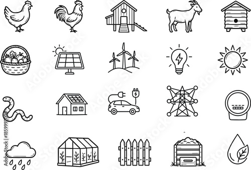 Sustainable living and farming icons set featuring renewable energy, eco practices, agriculture, and green technology visuals in line style