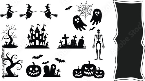 Halloween silhouette icon set featuring witches pumpkins ghosts bats graveyard and spooky elements in flat black vector illustration isolated on white background