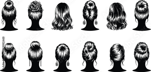 Elegant women hairstyle silhouette collection showing bun and wavy hair designs from back view in detailed flat black vector illustration isolated on white background