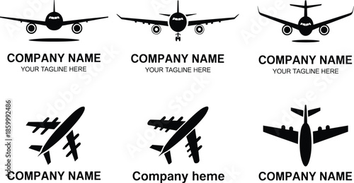 Airplane logo and branding silhouette set with passenger aircraft views, black vector aviation symbols for airline identity, travel business branding, and transportation design concepts