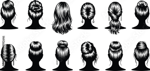 Women hairstyle silhouette collection with elegant buns and long hair styles, black vector illustration set for beauty, salon, fashion, and hair design concepts