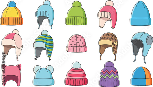 Colorful winter hat vector set with various knitted beanies wool caps with pompons and earflap trapper hats isolated on a white background.