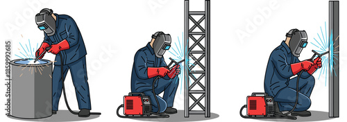 Professional welder vector set featuring male workers in protective masks and blue overalls welding steel structures isolated on a white background.