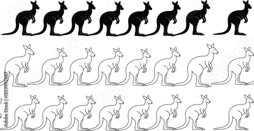 Kangaroo silhouette and outline set in different poses, black and white vector illustration collection of Australian wildlife animals for nature, education, and design concepts